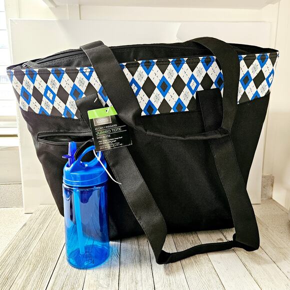 Jumbo Tote Insulated Black and Blue Zippered Shoulder Carryall Bag with Diamond - Picture 1 of 16
